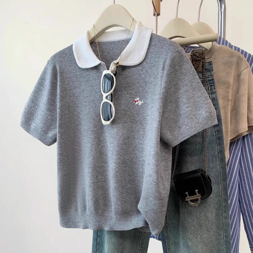 刺绣拼色翻领针织上衣女夏季