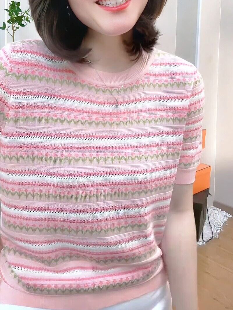 200 파운드는 풀오버 가짜 카디건 여성용 반팔 티셔츠를 입을 수 있습니다. 대형 느슨한 슬리밍 패션 꽃 무늬 얼음 실크 탑