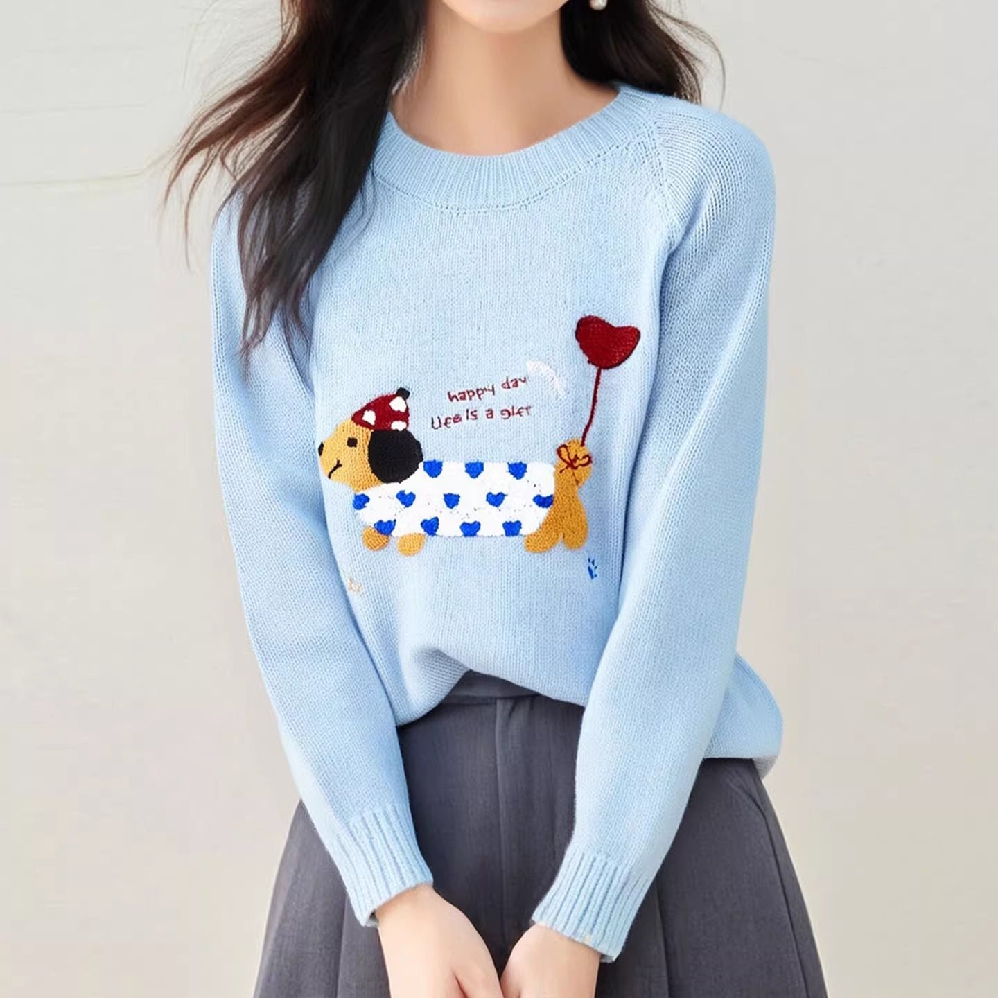 甜美可爱风卡通小狗刺绣毛衣女2025年秋冬季新款宽松减龄针织上衣,女装/女士精品,大码内搭,淘宝优惠券,粉丝福利购,淘宝优惠卷