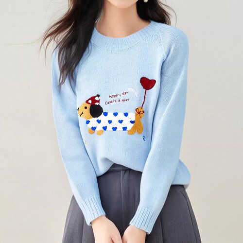 甜美可爱风卡通小狗刺绣毛衣女