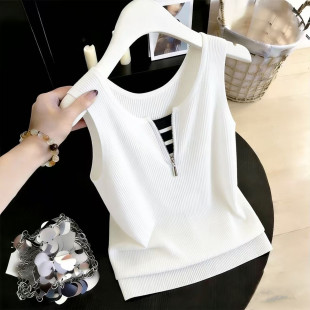 白色针织吊带女假两件拉链无袖 大码 200斤 上衣设计感 背心女