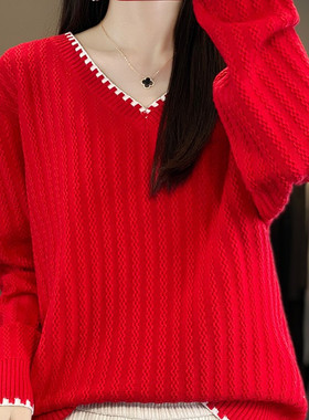 宽松显瘦【80-200斤】V领红色针织打底衫女秋冬内搭洋气减龄毛衣