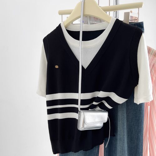 条纹撞色冰丝短袖T恤女夏