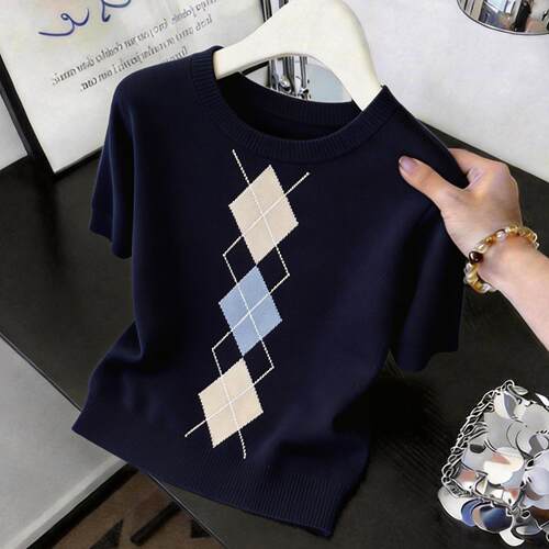 法式藏青色菱格提花短袖T恤女夏