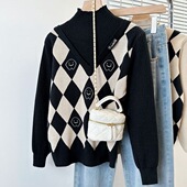 大码 宽松显瘦黑白菱格针织打底衫 女装 假两件半高领毛衣女秋冬新款