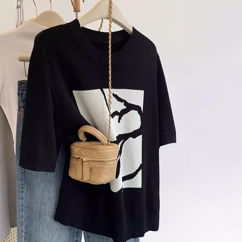 圆领提花套头短袖T恤女夏季