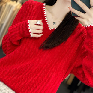 V领红色针织打底衫 200斤 女秋冬内搭洋气减龄毛衣 宽松显瘦