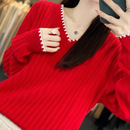 宽松显瘦【80-200斤】V领红色针织打底衫女秋冬内搭洋气减龄毛衣