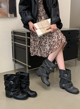 皮带扣粗跟骑士靴女短筒机车靴显瘦裤管靴辣妹铆钉圆头低筒短靴子