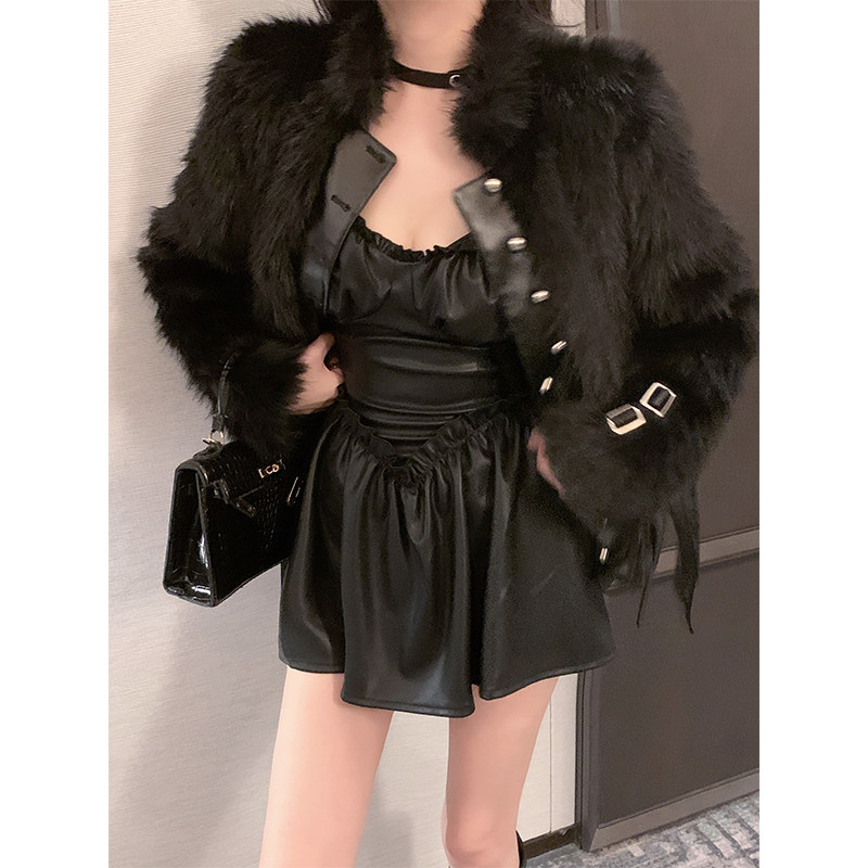 泡菜家 辣妹设计感小众环保毛毛皮草外套加厚+吊带连衣裙皮裙套装