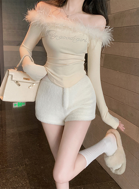 泡菜家 仿水貂毛性感高腰短裤女秋冬包臀辣妹百搭加厚保暖a字裤子