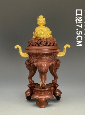伴庐香堂苏工精品鎏金象耳熏炉陈设摆放高端经典铜香炉 口径7.5CM