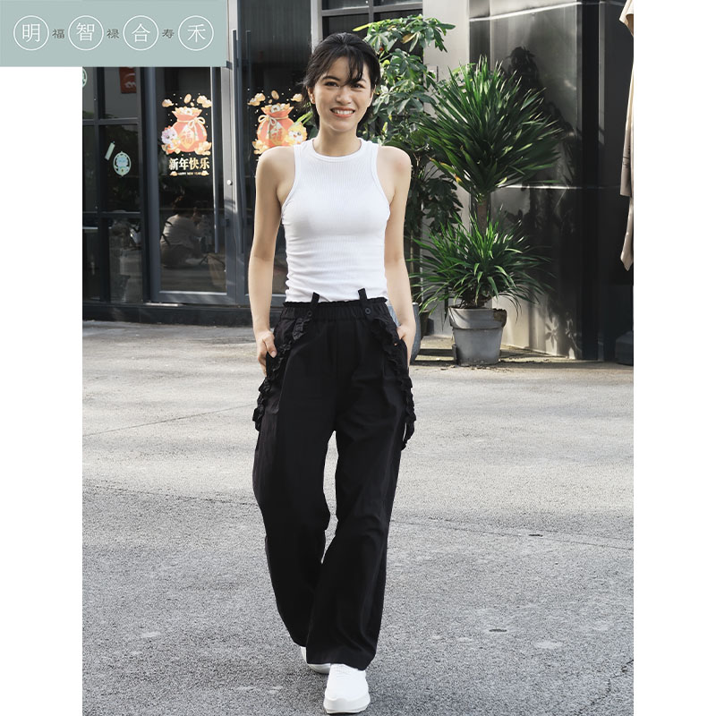 明智合禾亲子款黑色背带工装长裤女时尚百搭休闲直筒裤新款慵懒风
