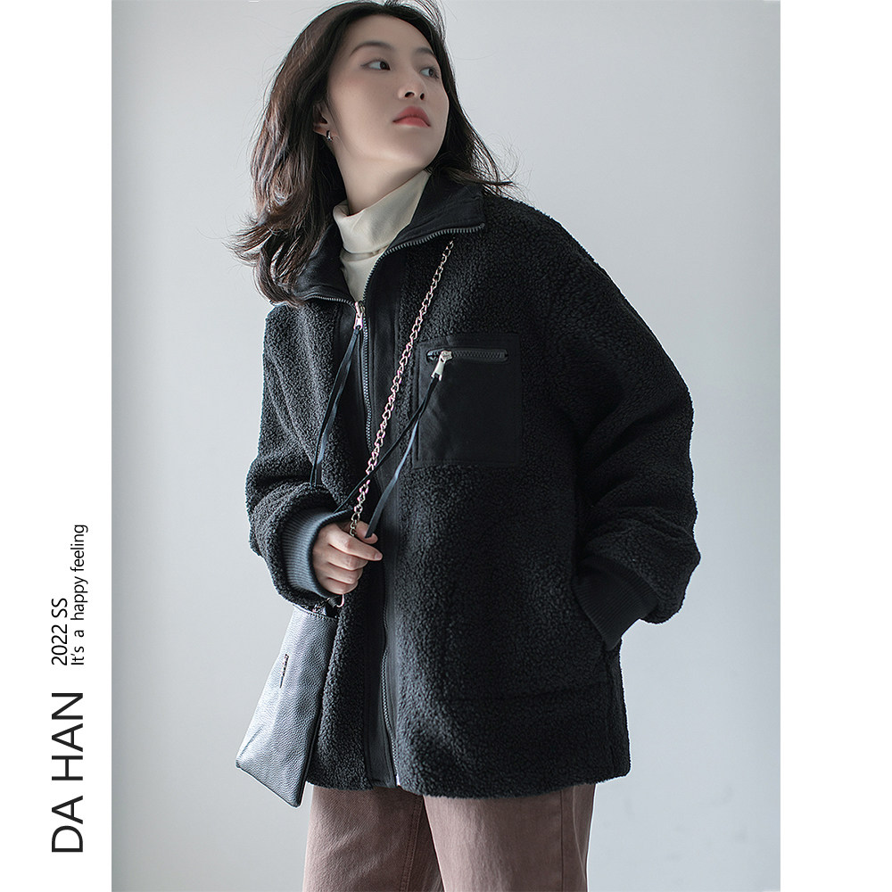 立领羊羔毛外套女秋冬2023新款复古百搭宽松中长款机车服加厚夹棉