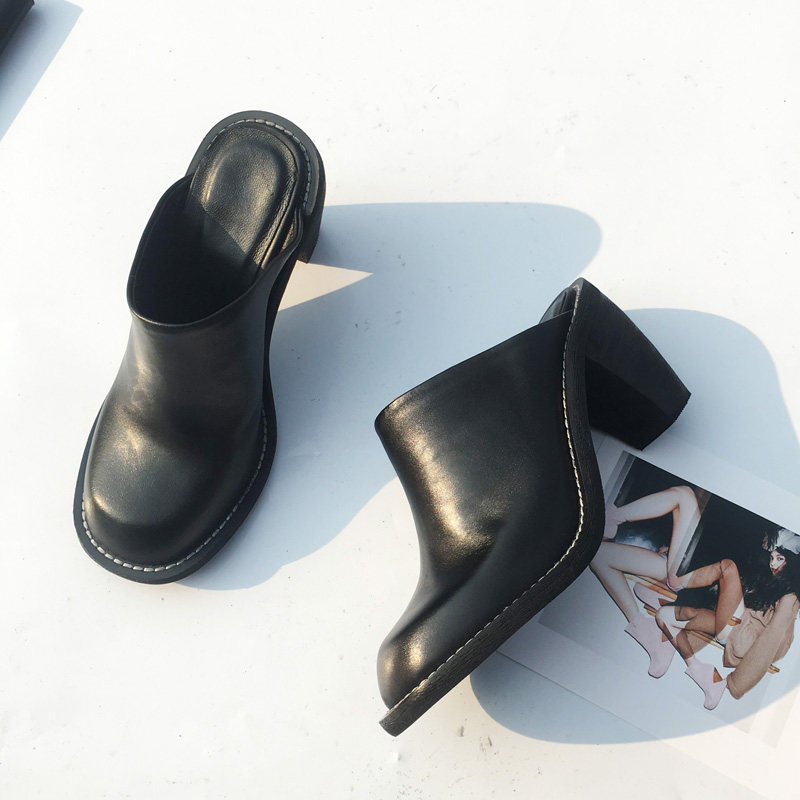 網紅同款chic外穿無後跟包頭拖鞋真皮粗跟方頭穆勒鞋高跟半拖涼拖在類目 女鞋, 拖鞋中 - 來自Buy2taobao.com提供專業的淘寶代購服務