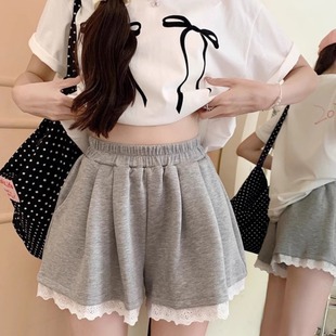 小众外穿短裤 松紧腰小个子宽松阔腿裤 子 女夏季 蕾丝花边灰色休闲裤