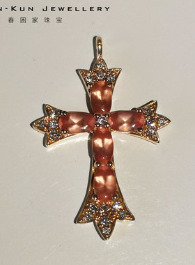 玫瑰金刻面冰种红纹石十字架吊坠