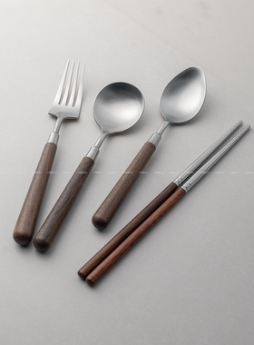 出口高端尾货304不锈钢实木胡桃木手柄家用西餐叉子圆勺勺子甜品