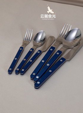 304不锈钢海军宝蓝色夹柄刀叉汤勺子甜品黄油刀法式西餐酒店餐具