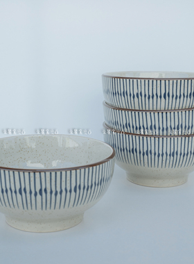 Ym·日式釉下彩手绘碗复古蓝线雨滴纹甜品碗家用沙拉汤米饭碗