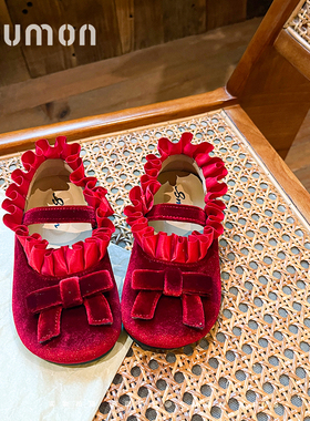 书萌儿童皮鞋2026春秋新款女童红色绒面蝴蝶结休闲公主鞋软底单鞋