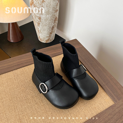 书萌儿童皮靴2025新款秋季小女孩公主靴英伦风飞织袜靴女童单靴子