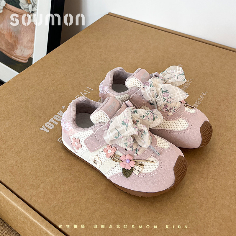 书萌儿童甜美风运动鞋春秋季新款女童网面透气鞋蝴蝶结百搭休闲鞋