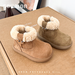书萌儿童真皮短靴外穿保暖男童靴子女童加厚棉靴中大童雪地靴冬靴