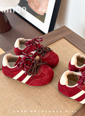 书萌儿童鞋子真皮红色板鞋2026春秋季新款男女童德训鞋软底宝宝鞋