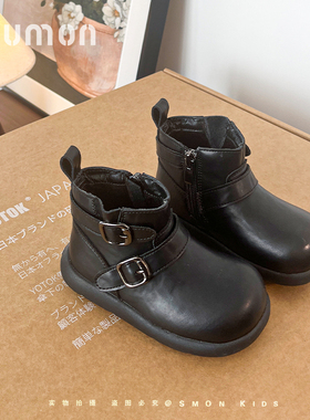 儿童黑色皮靴皮带扣装饰英伦风女童冬靴小童加绒短靴防滑宝宝靴子