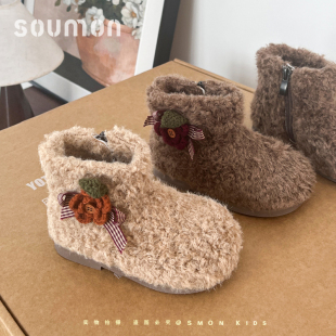 书萌儿童鞋子2026冬季新款韩版女童毛毛鞋外穿女小童加绒棉鞋高帮