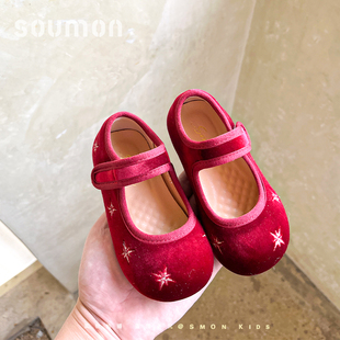 女童公主鞋2026春季新款洋气礼服鞋子红色丝绒小女孩儿童软底皮鞋