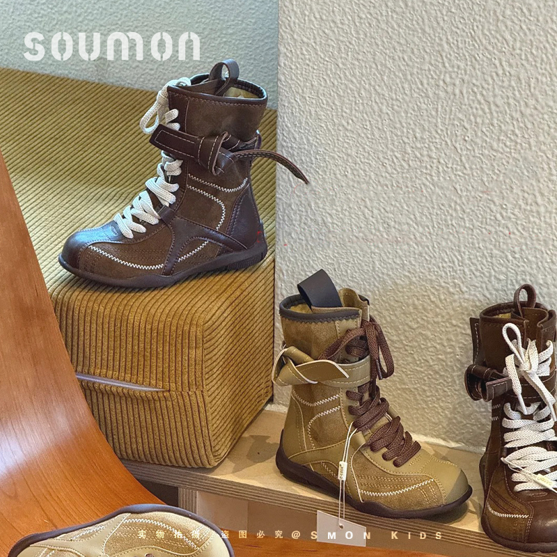 儿童新款牛皮复古中筒靴男女童百搭软底西部牛仔靴德训靴秋潮系带