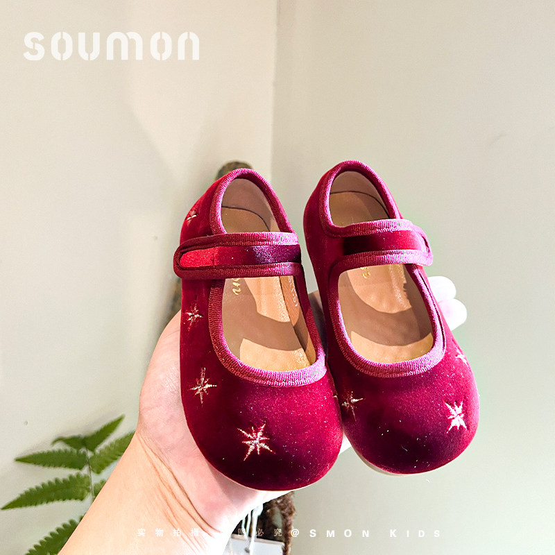 女童公主鞋2026春季新款洋气礼服鞋子红色丝绒小女孩儿童软底皮鞋