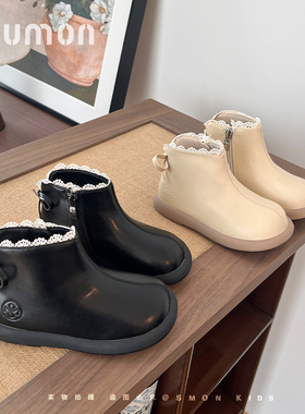 书萌女童皮靴2026秋冬季新款加绒保暖二棉靴小童宝宝短靴儿童单靴