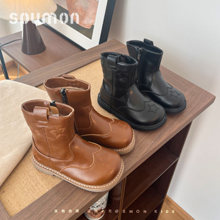 女童靴子2026新款冬季小童棉靴加绒保暖英伦风儿童皮靴马丁靴软底