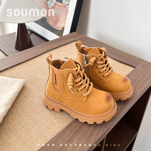 真皮儿童皮靴2026春秋季新款男女童黄靴小童马丁靴宝宝棉靴冬加棉