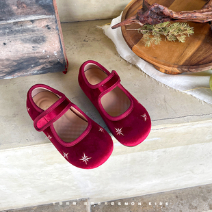 女童公主鞋2025春季新款洋气礼服鞋子红色丝绒小女孩儿童软底皮鞋