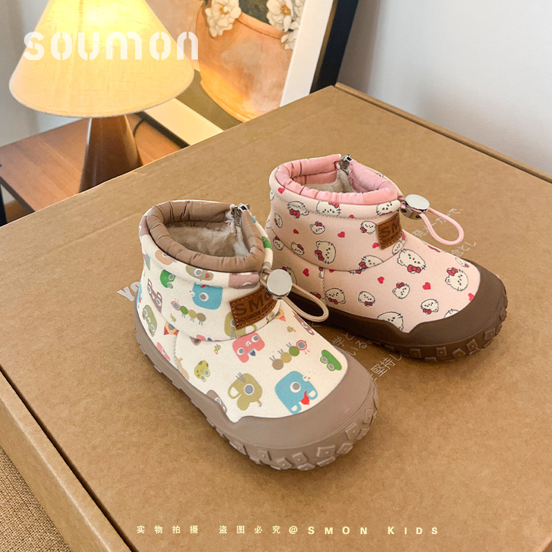 书萌儿童雪地靴加绒保暖冬季女童短靴宝宝鞋卡通印花大棉鞋小童鞋
