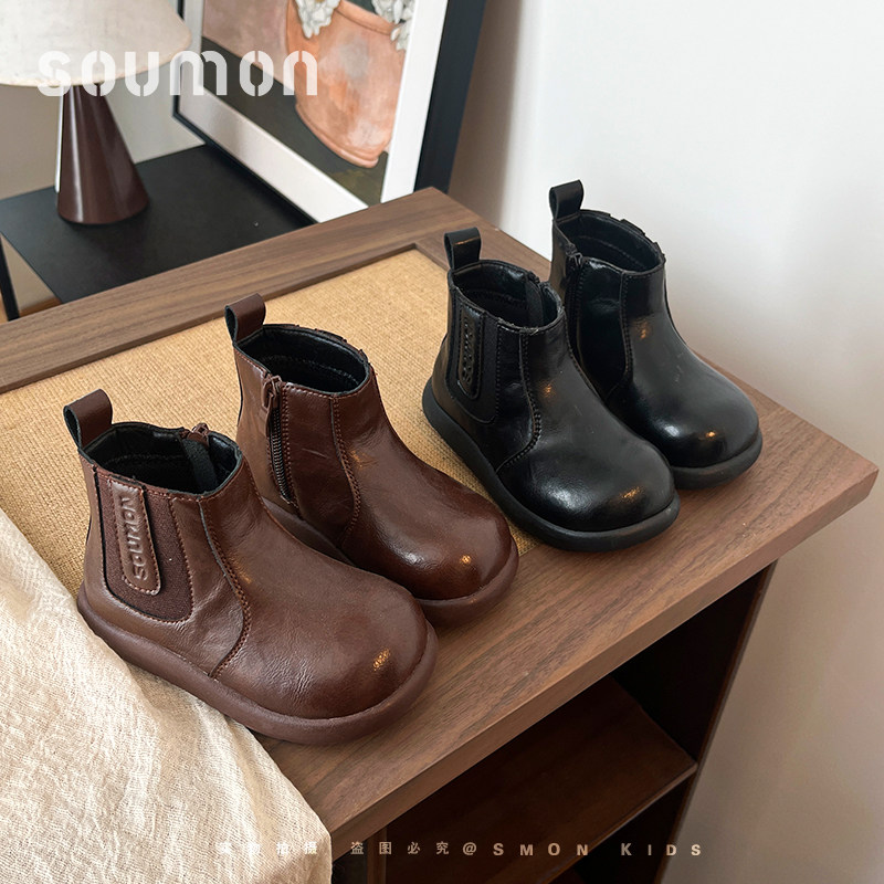 女童黑色皮靴小童切尔西靴女款2026秋季新款儿童靴子软底宝宝短靴