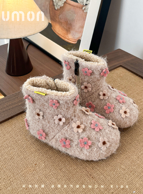 书萌女童棉鞋加绒鞋2025冬季新款女宝宝公主鞋儿童毛毛鞋女童短靴