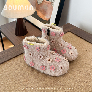 书萌女童棉鞋加绒鞋2026冬季新款女宝宝公主鞋儿童毛毛鞋女童短靴