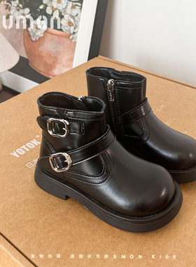 真皮女童皮靴2024秋季新款小女孩黑色单靴英伦风儿童马丁靴小童鞋