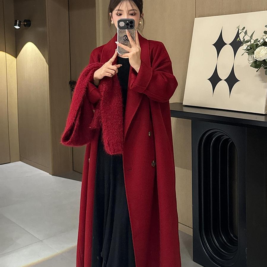 2025年秋冬新款双面呢羊绒羊毛大衣女中长款宽松韩版红色毛呢外套