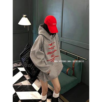 连帽卫衣女大码欧货大版中长款遮屁股撞色字母3D立体刺绣大帽衫