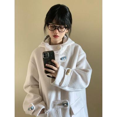 牛角扣呢子大衣女2024新款白色秋冬季高级感毛呢外套小个子中长款