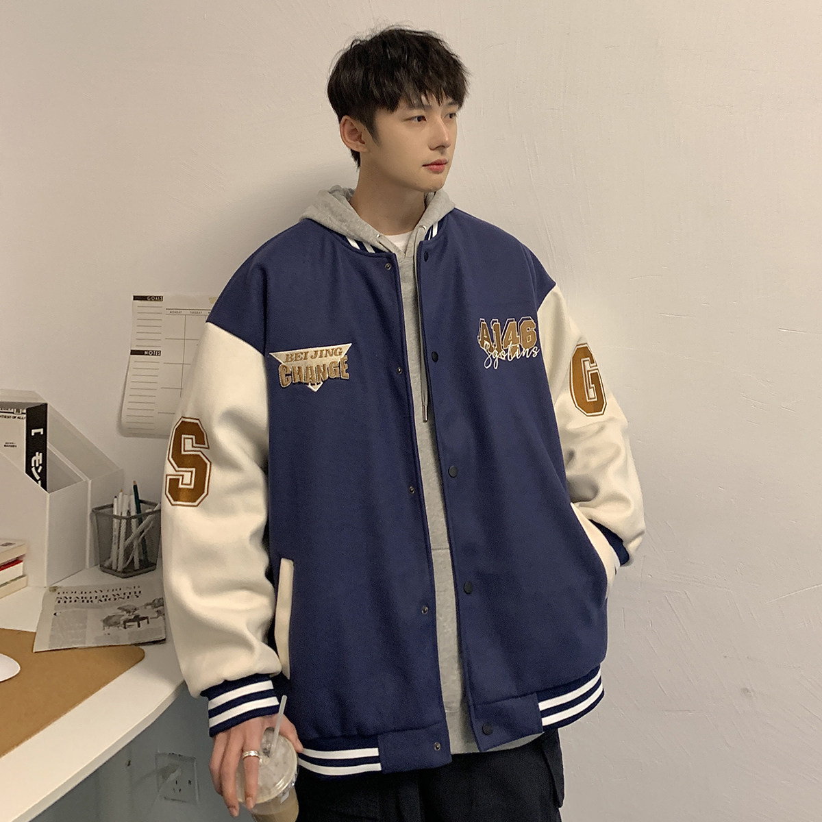 2025秋装新款港风潮牌拼色刺绣呢料棒球服夹克M567/P88118,男装夹克,电商A146