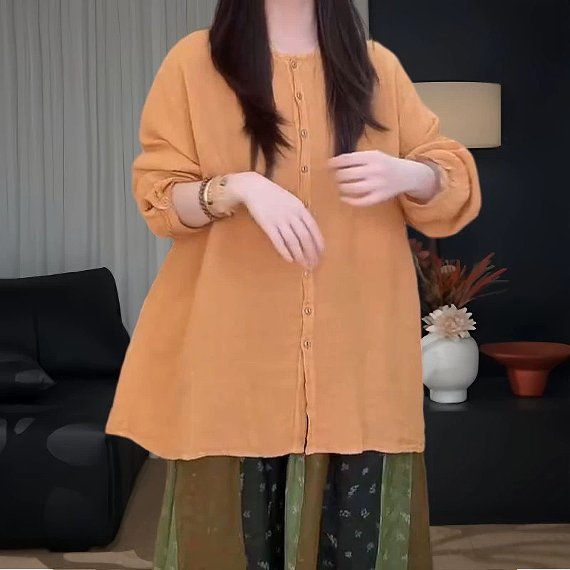 大码减龄多巴胺配色圆领长袖衬衣