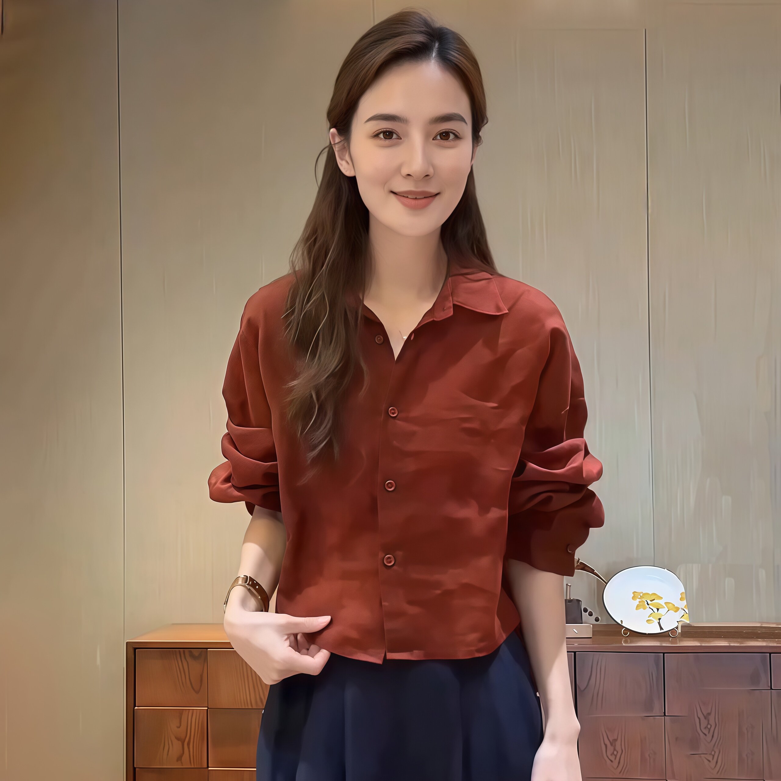 复古小众时尚休闲风长袖衬衫新款极简百搭宽松显瘦POLO领短款上衣