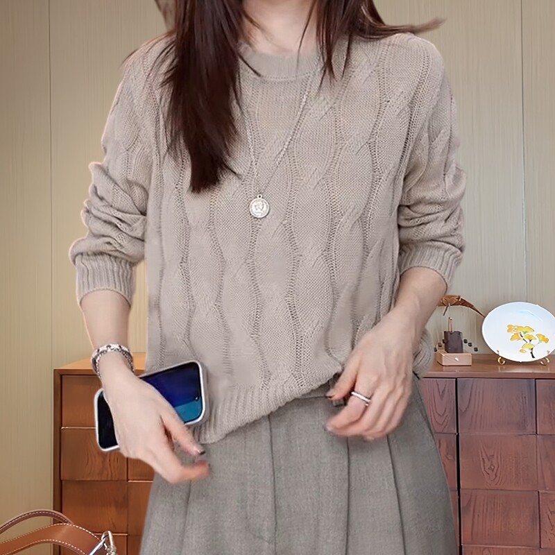 时尚减龄百搭麻花针织衫女装秋季新款宽松显瘦气质大码长袖毛衣潮